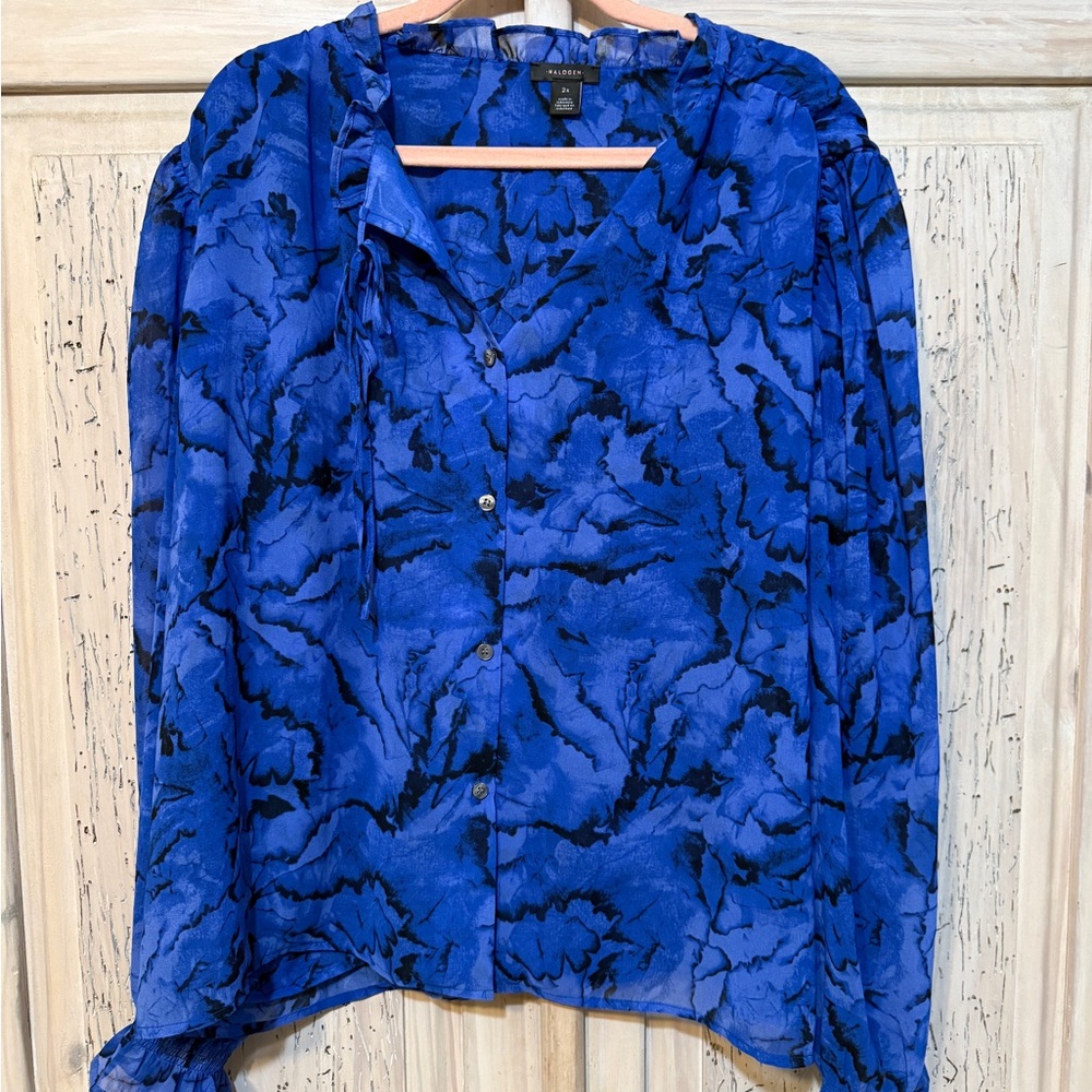 Halogen Blue Asymmetrical Long Sleeve Blouse